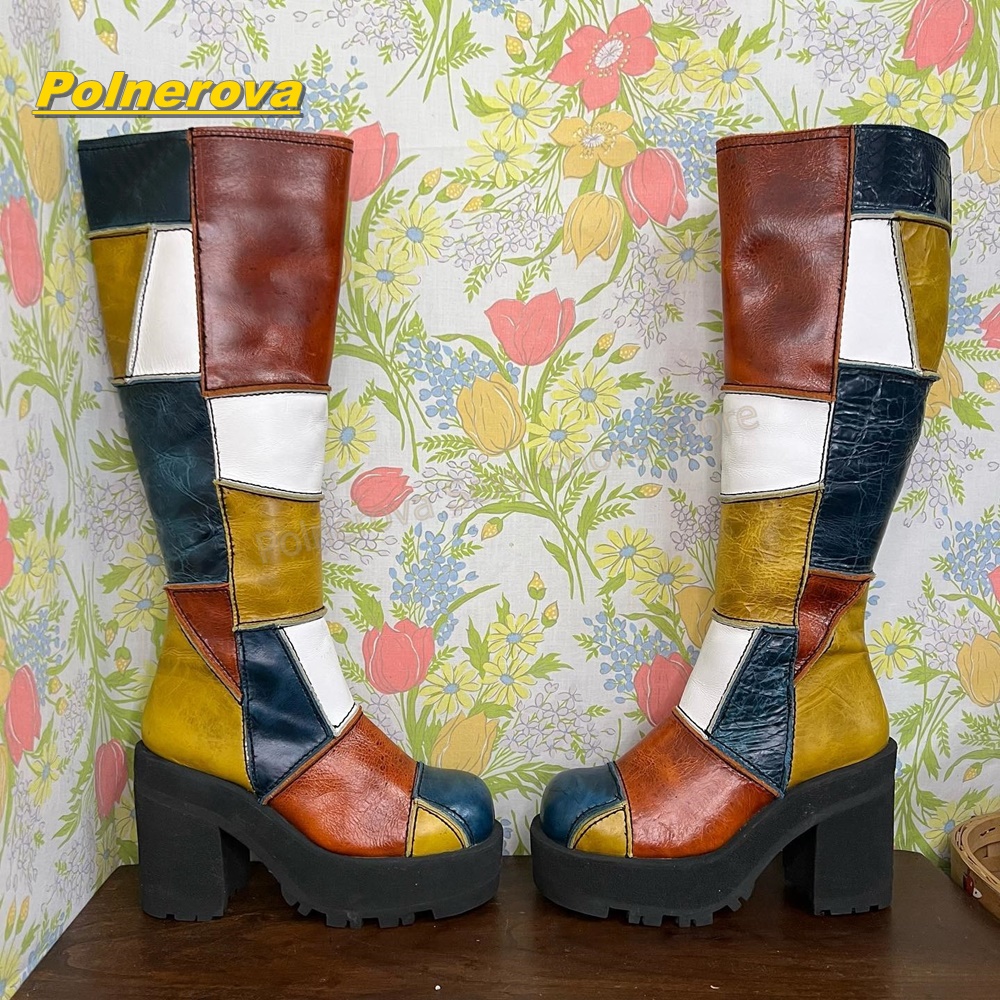 Vintage Y2K - Vrouwen Retro Patchwork Lederen Kniehoge Laarzen