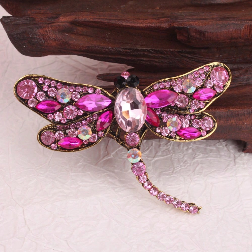 Vintage Fashion Retro Outfit - Vintage goudkleurige roze strass libel broche,