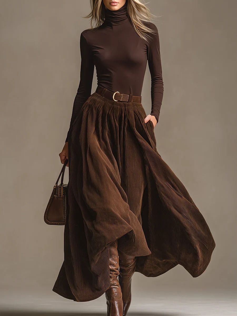 Vintage Fashion Retro Outfit - Retro Corduroy Lange Rok Pak Vrouwen