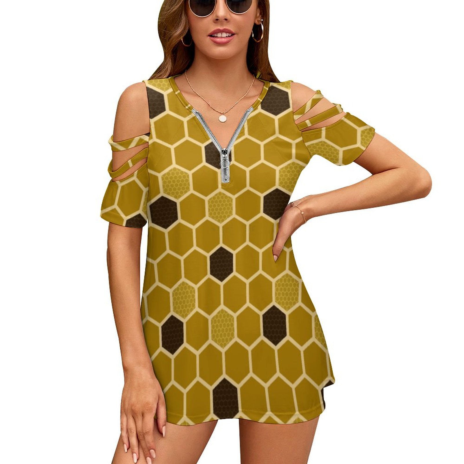 Vintage Fashion Bug - Honingraat nieuwe mode zip off-shoulder top