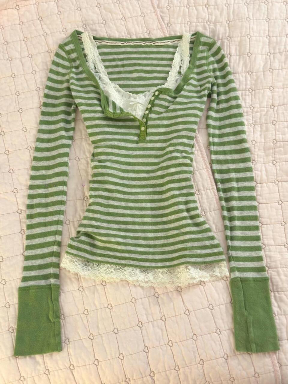 Vintage Y2K - T-shirts 2000s Y2k groene streep dameskleding