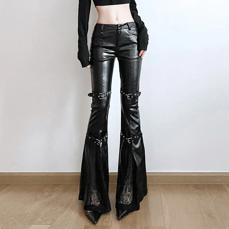 Vintage Y2K - Dames PU lederen flare broek, gotische